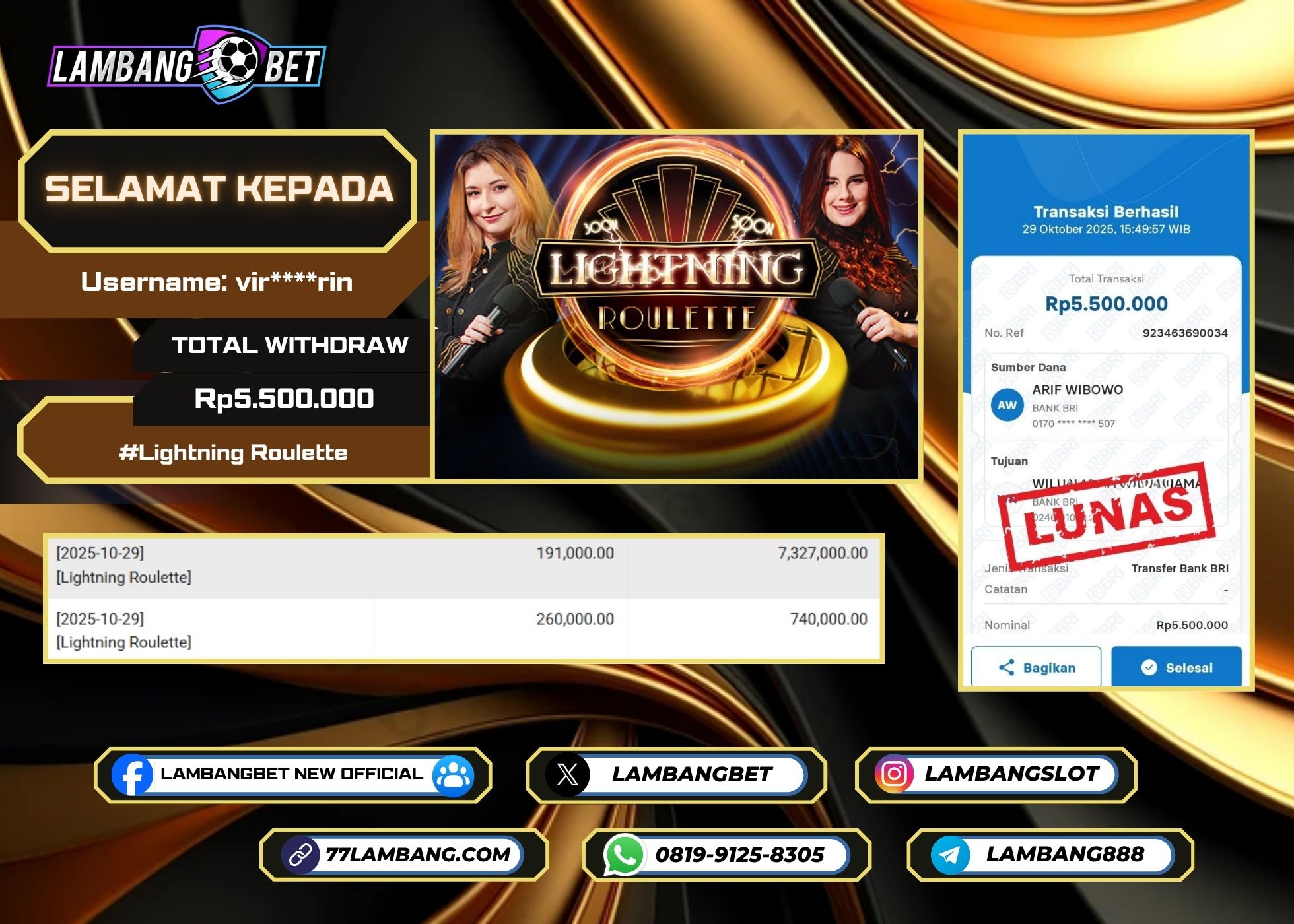 LAMBANGBET [29 OKTOBER 2025] JACKPOT LIVE CASINO Lightning Roulette "Rp5.500.000" LUNAS